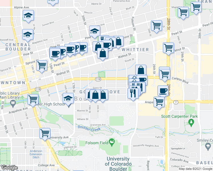 map of restaurants, bars, coffee shops, grocery stores, and more near 2120 Canyon Boulevard in Boulder