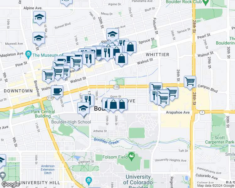map of restaurants, bars, coffee shops, grocery stores, and more near 2036 Canyon Boulevard in Boulder