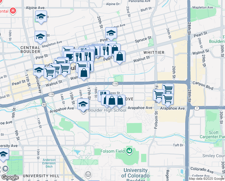 map of restaurants, bars, coffee shops, grocery stores, and more near 1900 Canyon Boulevard in Boulder