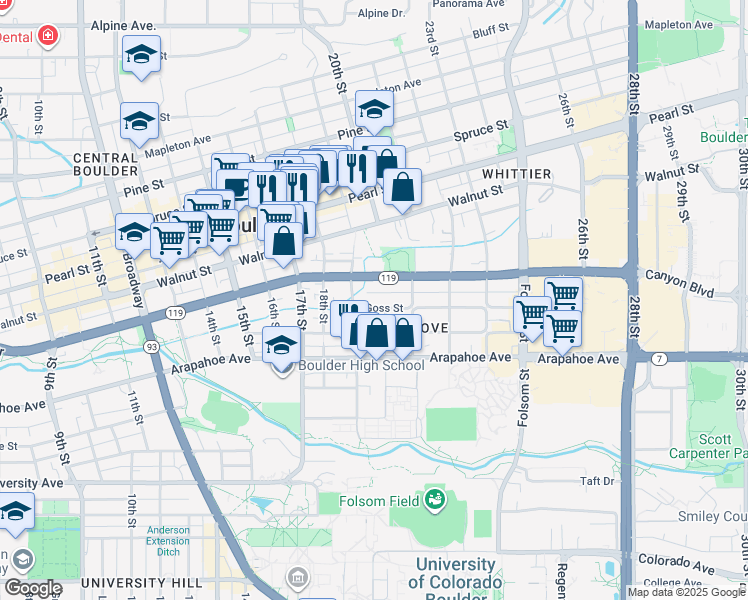 map of restaurants, bars, coffee shops, grocery stores, and more near 1900 Canyon Boulevard in Boulder