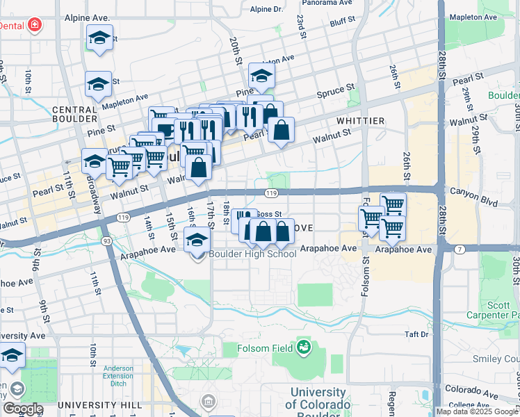 map of restaurants, bars, coffee shops, grocery stores, and more near 1900 Canyon Boulevard in Boulder