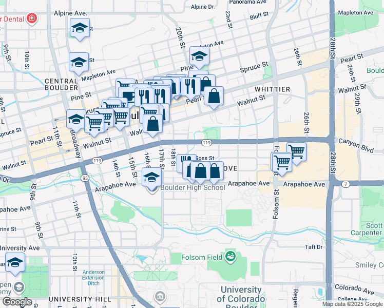 map of restaurants, bars, coffee shops, grocery stores, and more near 1900 Canyon Boulevard in Boulder