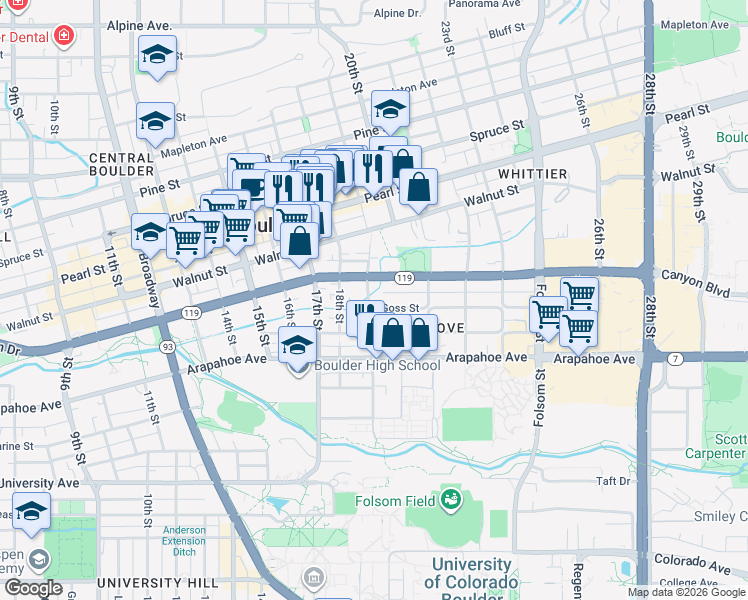 map of restaurants, bars, coffee shops, grocery stores, and more near 1900 Canyon Boulevard in Boulder
