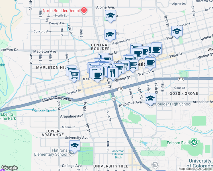 map of restaurants, bars, coffee shops, grocery stores, and more near in Boulder