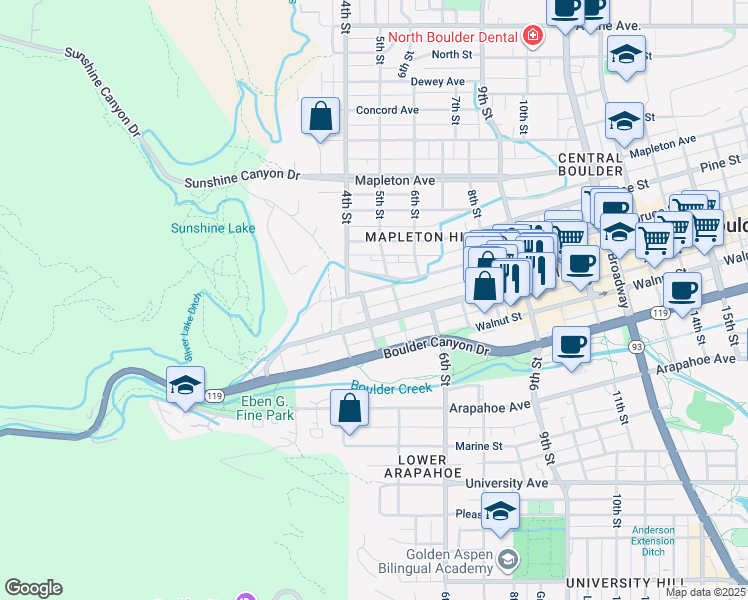 map of restaurants, bars, coffee shops, grocery stores, and more near 341 Spruce Street in Boulder