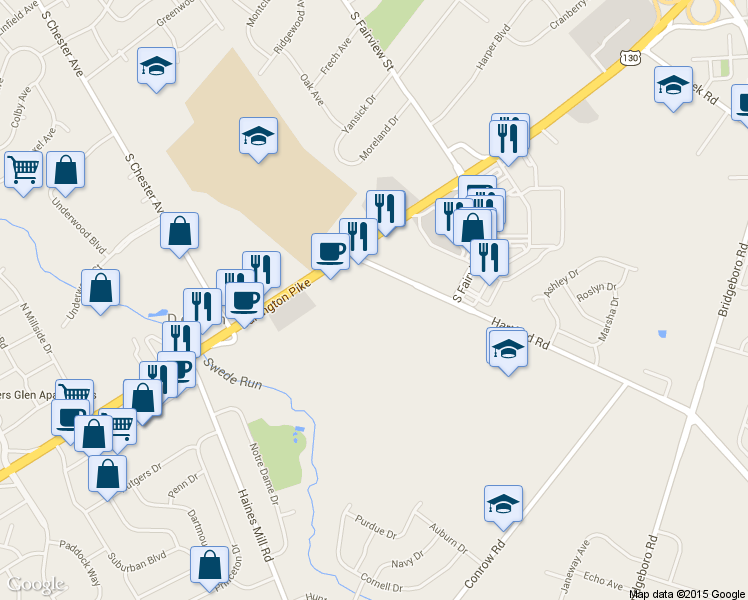 map of restaurants, bars, coffee shops, grocery stores, and more near 10 Hartford Road in Delran