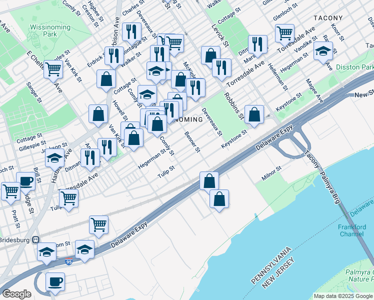 map of restaurants, bars, coffee shops, grocery stores, and more near 6037 Edmund Street in Philadelphia