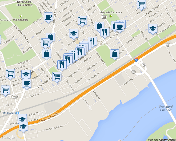 map of restaurants, bars, coffee shops, grocery stores, and more near 6037 Edmund Street in Philadelphia