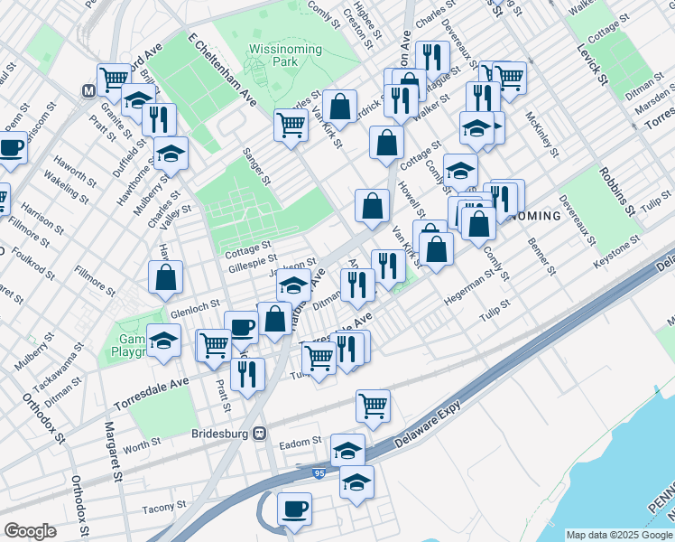 map of restaurants, bars, coffee shops, grocery stores, and more near 5519 Harbison Avenue in Philadelphia