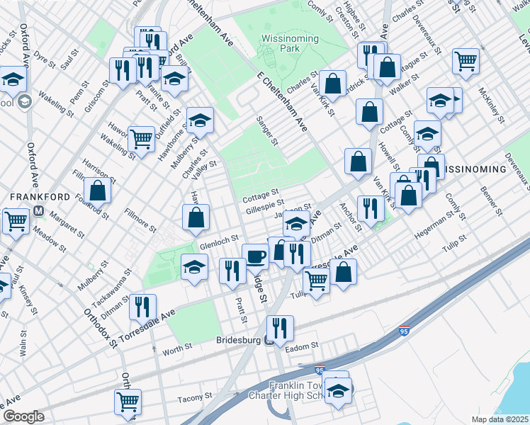 map of restaurants, bars, coffee shops, grocery stores, and more near 5217 Cottage Street in Philadelphia