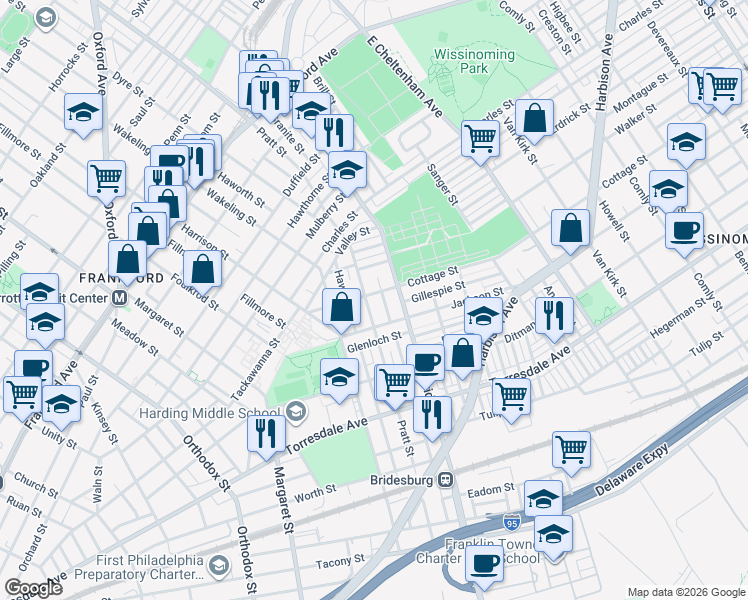 map of restaurants, bars, coffee shops, grocery stores, and more near 1894 Pratt Street in Philadelphia