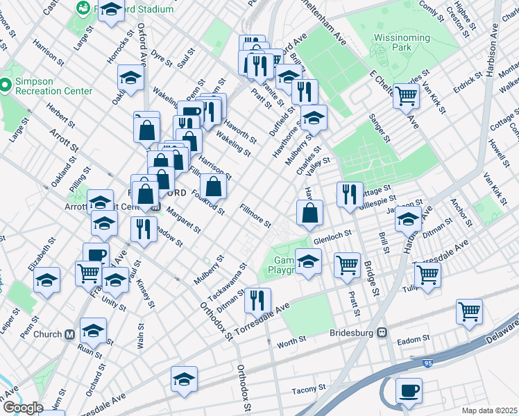 map of restaurants, bars, coffee shops, grocery stores, and more near 1724 Harrison Street in Philadelphia