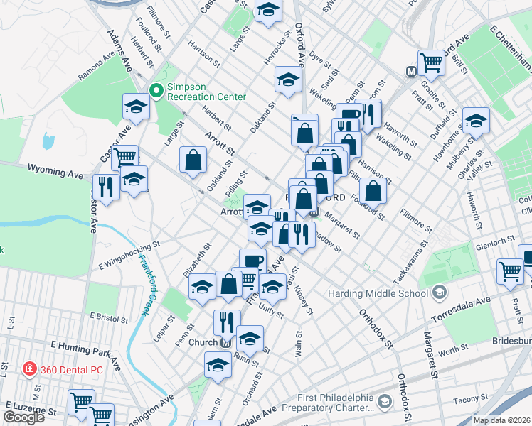 map of restaurants, bars, coffee shops, grocery stores, and more near 4643 Leiper Street in Philadelphia