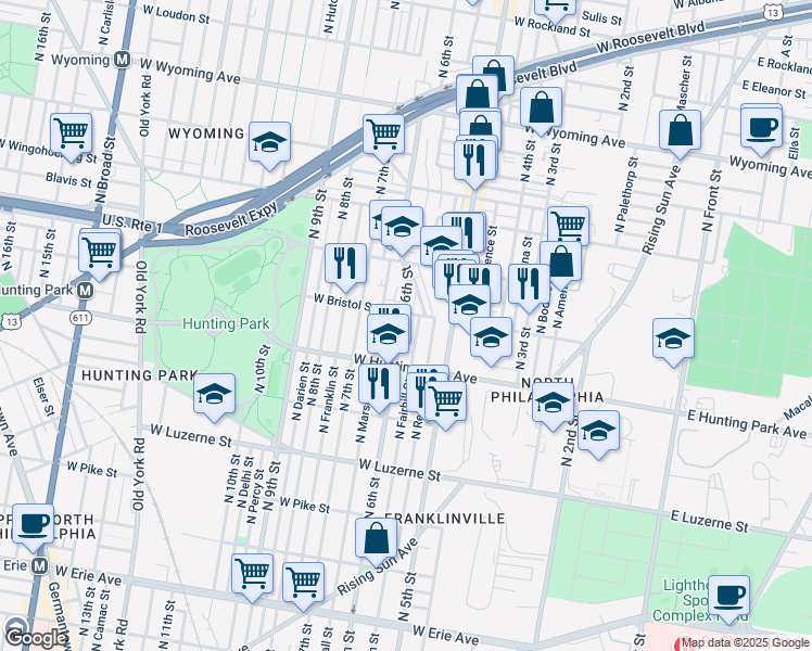 map of restaurants, bars, coffee shops, grocery stores, and more near 4303 North 6th Street in Philadelphia
