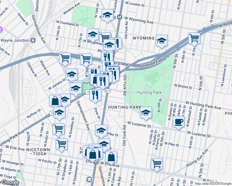 map of restaurants, bars, coffee shops, grocery stores, and more near 4201-19 North Broad Street in Philadelphia