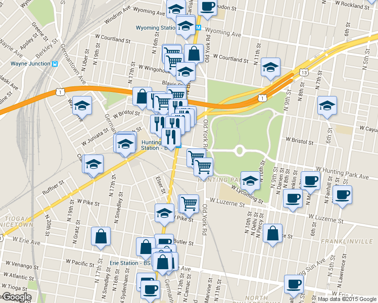 map of restaurants, bars, coffee shops, grocery stores, and more near 4201-19 North Broad Street in Philadelphia