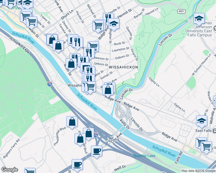 map of restaurants, bars, coffee shops, grocery stores, and more near 101 Rochelle Avenue in Philadelphia