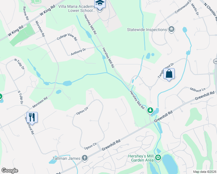 map of restaurants, bars, coffee shops, grocery stores, and more near 1010 Hershey Mill Road in West Chester