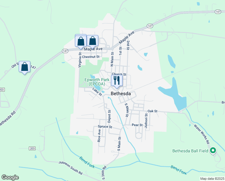 map of restaurants, bars, coffee shops, grocery stores, and more near 210 N Main St in Bethesda