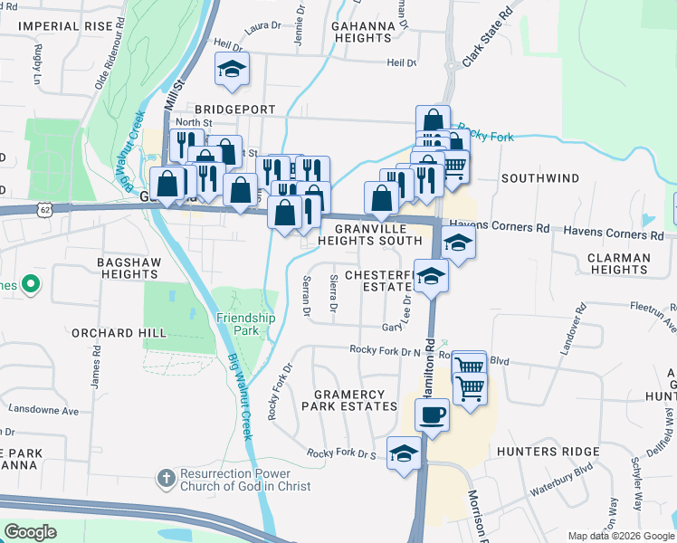map of restaurants, bars, coffee shops, grocery stores, and more near 268 Faye Drive in Gahanna