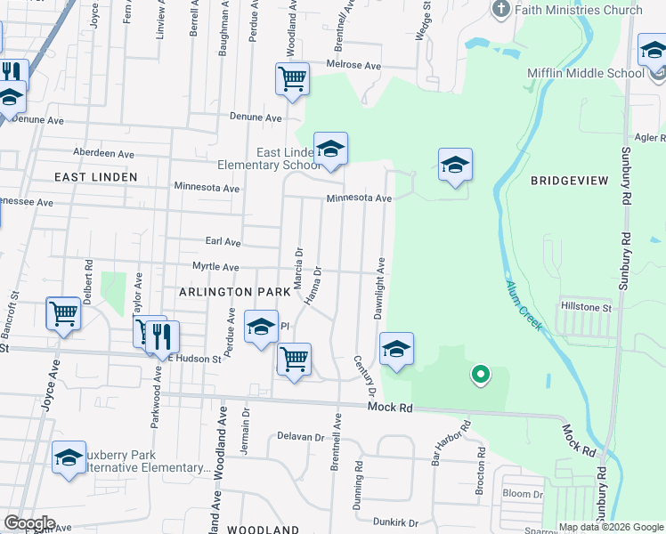 map of restaurants, bars, coffee shops, grocery stores, and more near 2354 Hanna Drive in Columbus
