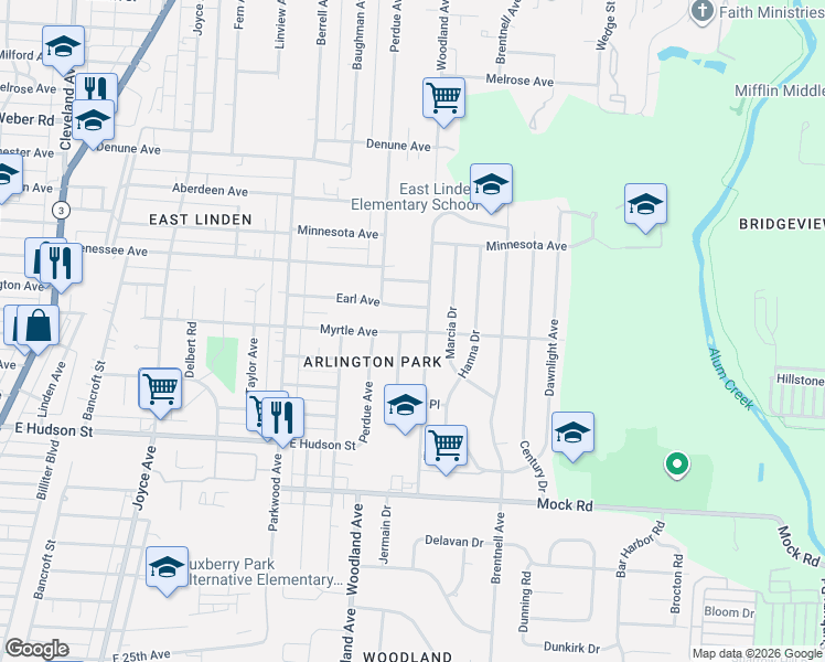 map of restaurants, bars, coffee shops, grocery stores, and more near 2199 Earl Avenue in Columbus
