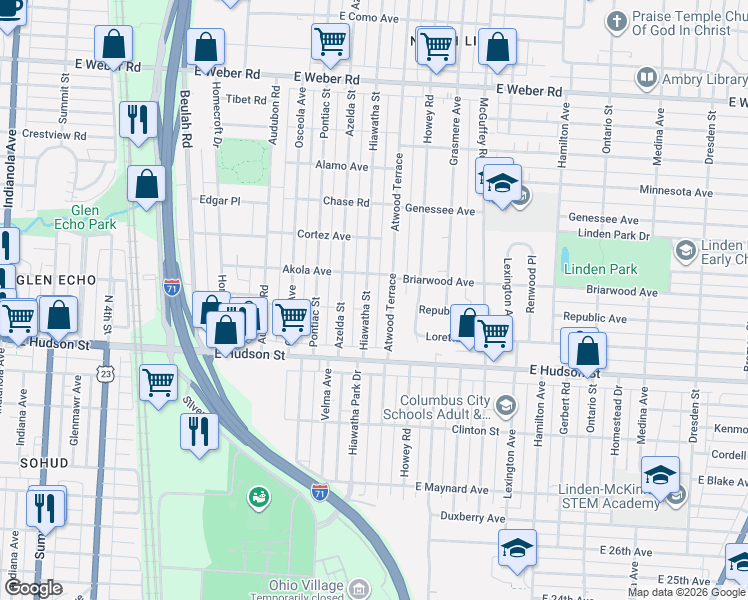 map of restaurants, bars, coffee shops, grocery stores, and more near 2542 Hiawatha Street in Columbus