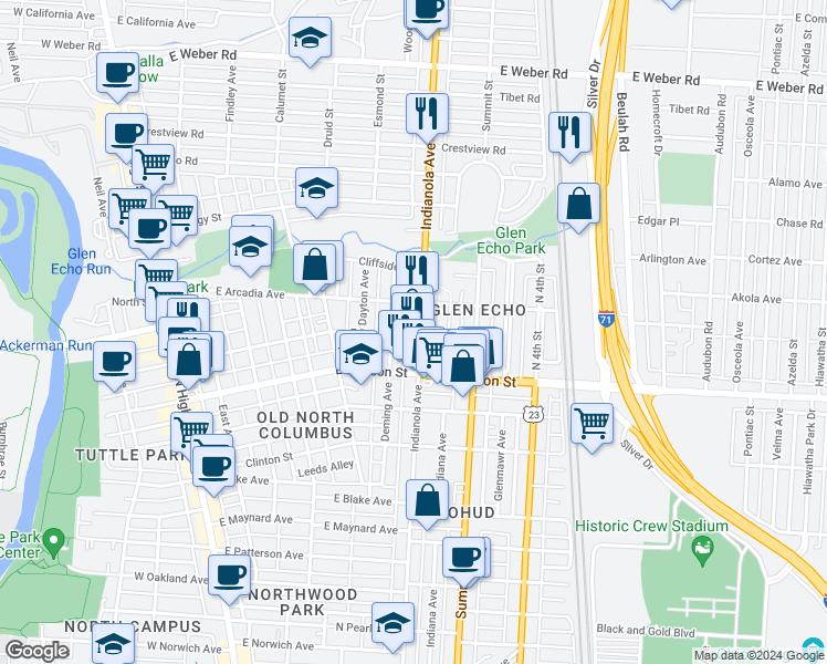 map of restaurants, bars, coffee shops, grocery stores, and more near 2627 Indianola Avenue in Columbus