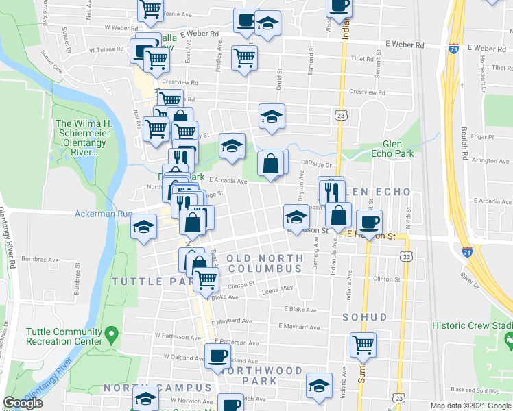 map of restaurants, bars, coffee shops, grocery stores, and more near 2654 Adams Avenue in Columbus