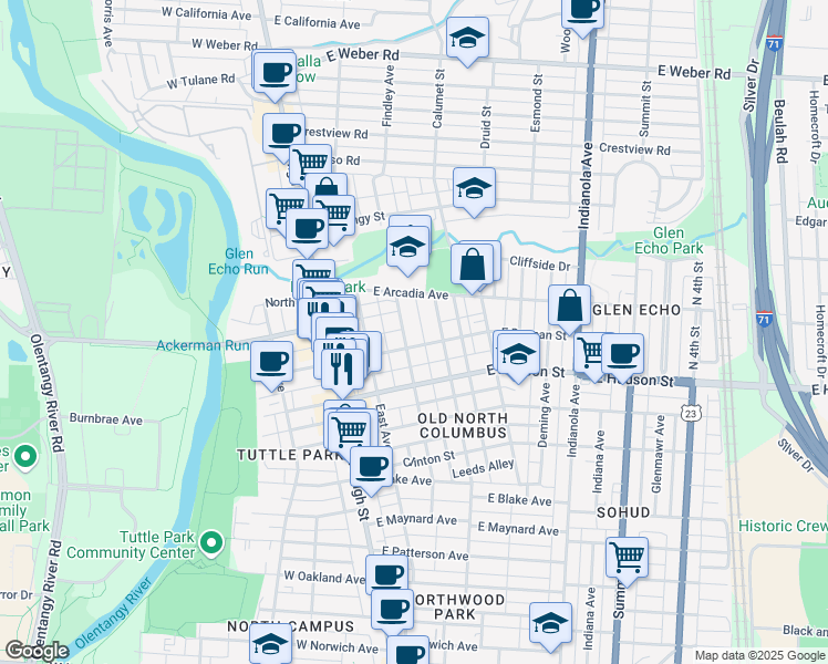 map of restaurants, bars, coffee shops, grocery stores, and more near in Columbus