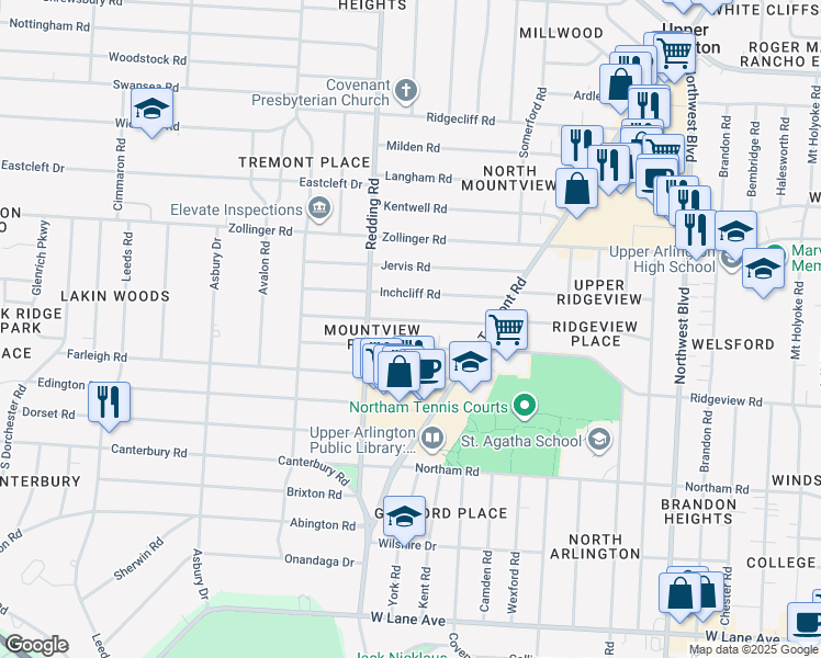map of restaurants, bars, coffee shops, grocery stores, and more near 2102 Harwitch Road in Upper Arlington