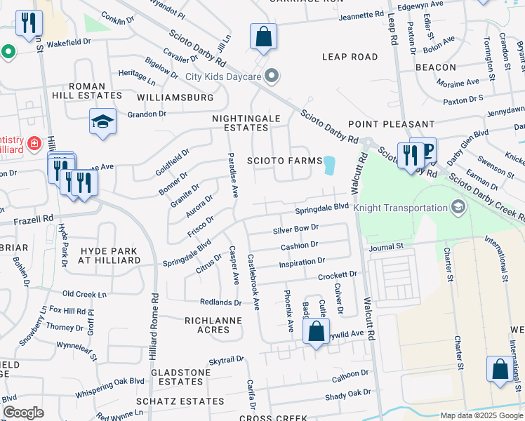 map of restaurants, bars, coffee shops, grocery stores, and more near 5072 Stoneybrook Boulevard in Hilliard