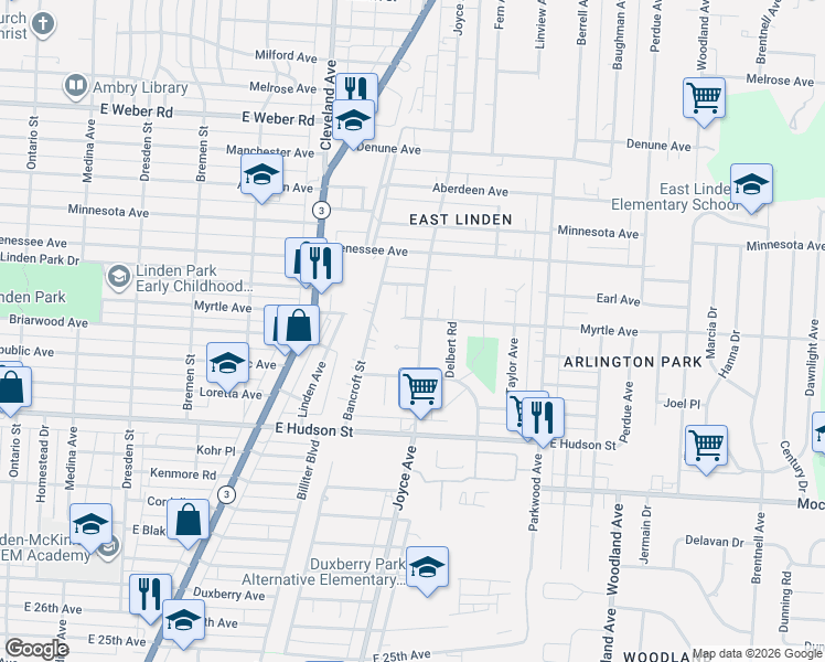 map of restaurants, bars, coffee shops, grocery stores, and more near 1812 Myrtle Avenue in Columbus