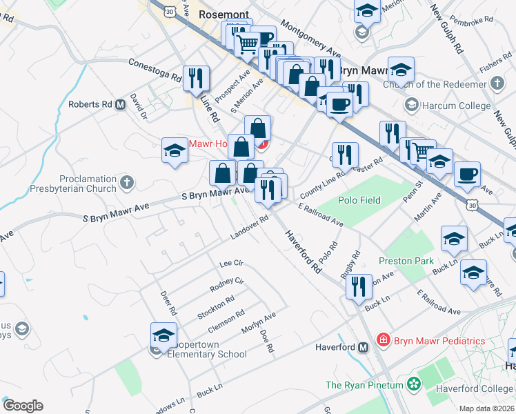 map of restaurants, bars, coffee shops, grocery stores, and more near 746 West Railroad Avenue in Bryn Mawr