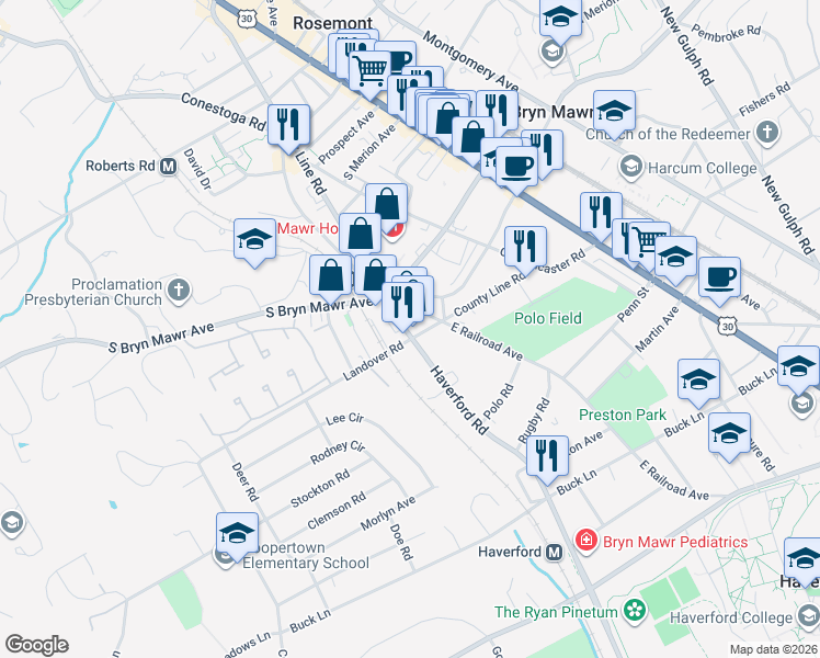 map of restaurants, bars, coffee shops, grocery stores, and more near 746 West Railroad Avenue in Bryn Mawr