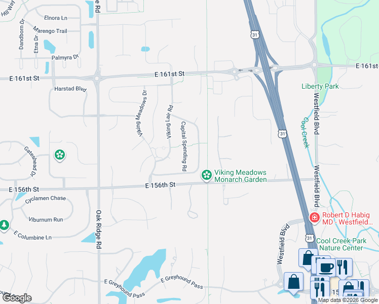 map of restaurants, bars, coffee shops, grocery stores, and more near 15736 Viking Commander Way in Westfield
