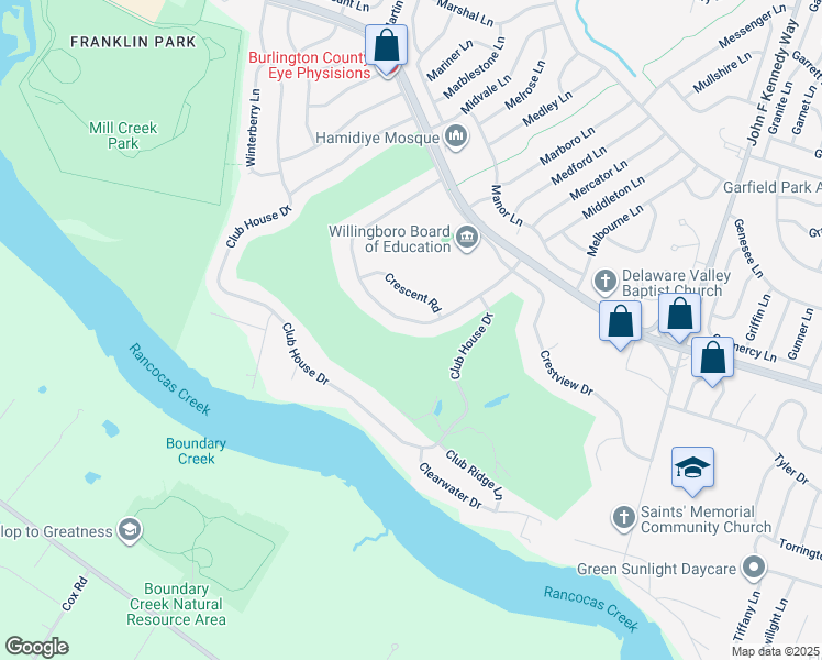 map of restaurants, bars, coffee shops, grocery stores, and more near 114 Country Club Road in Willingboro