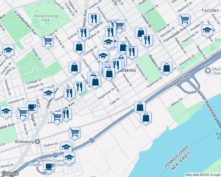 map of restaurants, bars, coffee shops, grocery stores, and more near 4723 Comly Street in Philadelphia