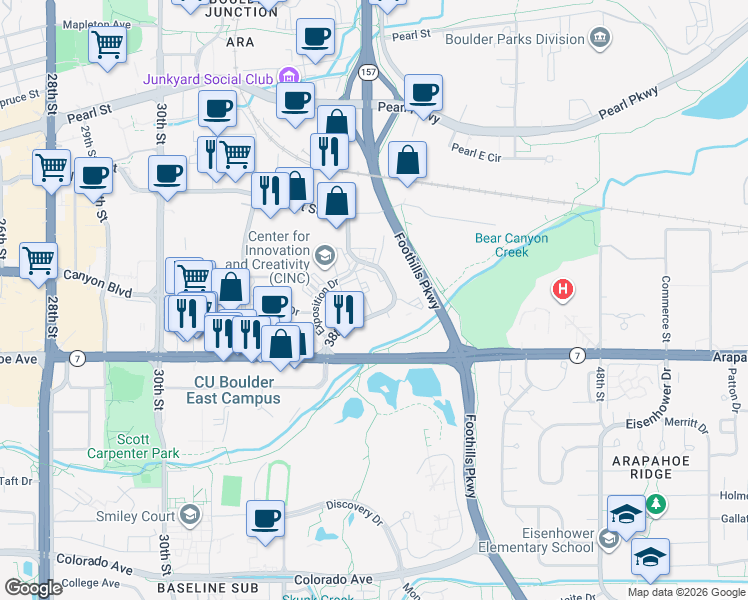 map of restaurants, bars, coffee shops, grocery stores, and more near 1715 38th Street in Boulder