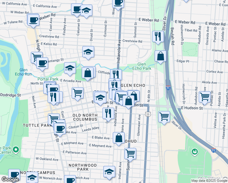 map of restaurants, bars, coffee shops, grocery stores, and more near 360 East Duncan Street in Columbus