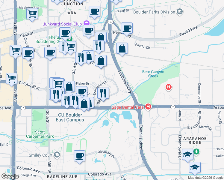 map of restaurants, bars, coffee shops, grocery stores, and more near 1715 38th Street in Boulder