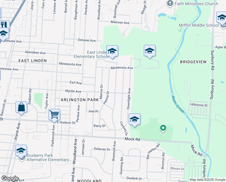 map of restaurants, bars, coffee shops, grocery stores, and more near 2354 Hanna Drive in Columbus