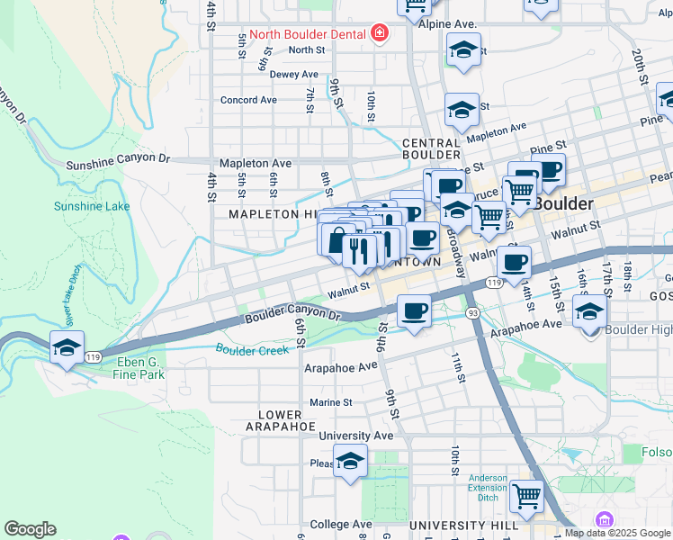 map of restaurants, bars, coffee shops, grocery stores, and more near 801 Pearl Street in Boulder
