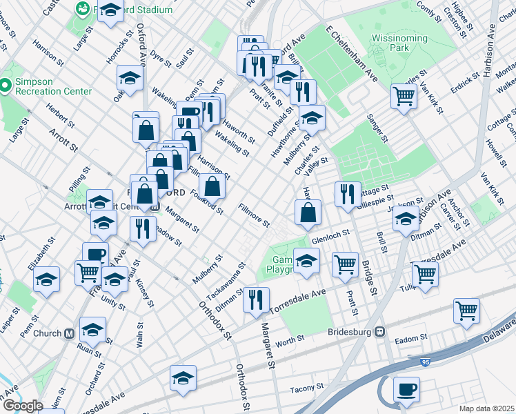 map of restaurants, bars, coffee shops, grocery stores, and more near 4847 Mulberry Street in Philadelphia