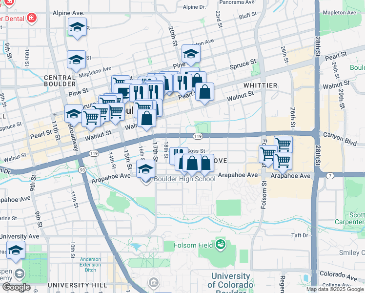 map of restaurants, bars, coffee shops, grocery stores, and more near 1900 Canyon Boulevard in Boulder
