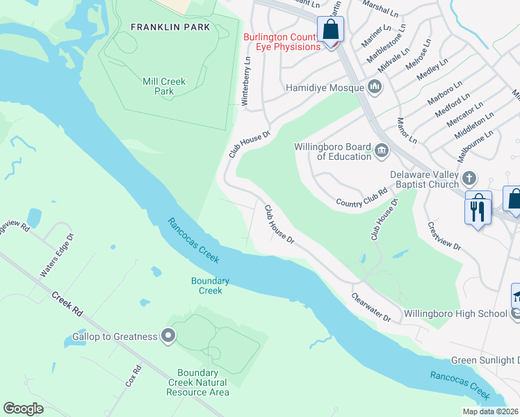 map of restaurants, bars, coffee shops, grocery stores, and more near 2 Creekview Road in Willingboro