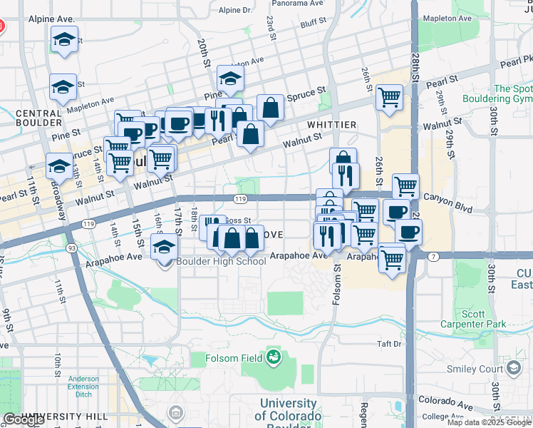 map of restaurants, bars, coffee shops, grocery stores, and more near 2119 Goss Circle West in Boulder