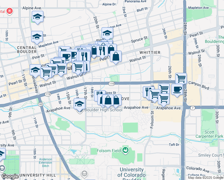 map of restaurants, bars, coffee shops, grocery stores, and more near 2005 Goss Street in Boulder