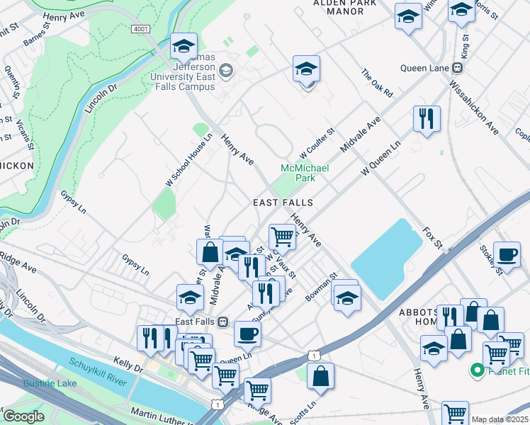 map of restaurants, bars, coffee shops, grocery stores, and more near 3329 Midvale Avenue in Philadelphia