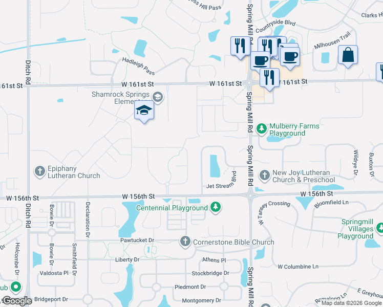 map of restaurants, bars, coffee shops, grocery stores, and more near 15885 Hush Hickory Bend in Westfield